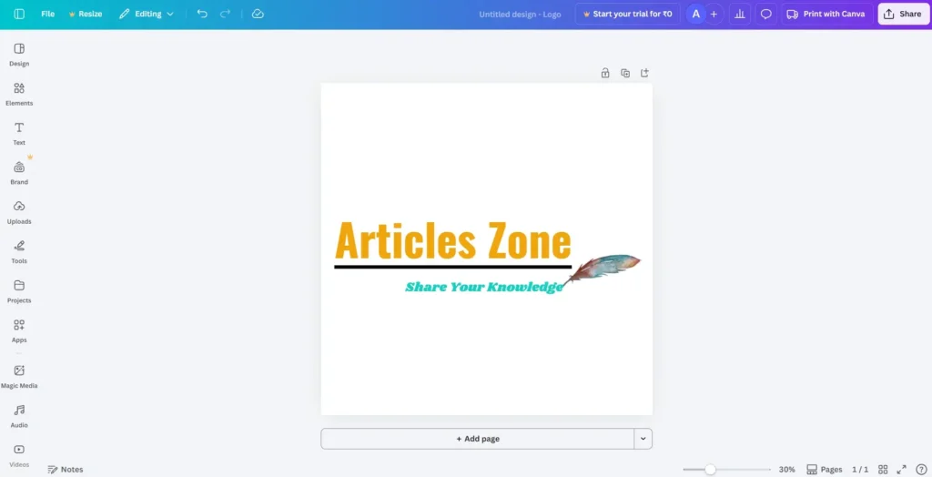 coloring of articleszone.org brand in canva.com