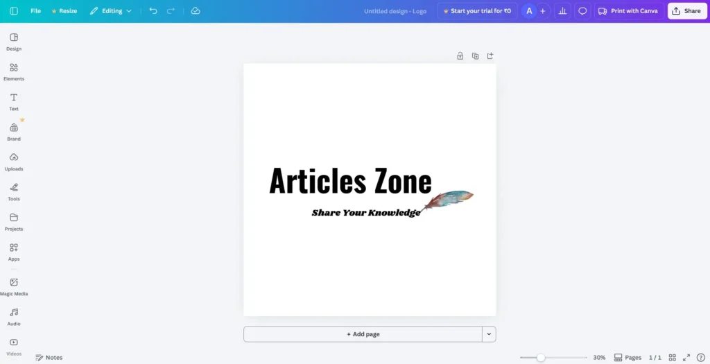 logo making of articleszone.org brand in canva.com