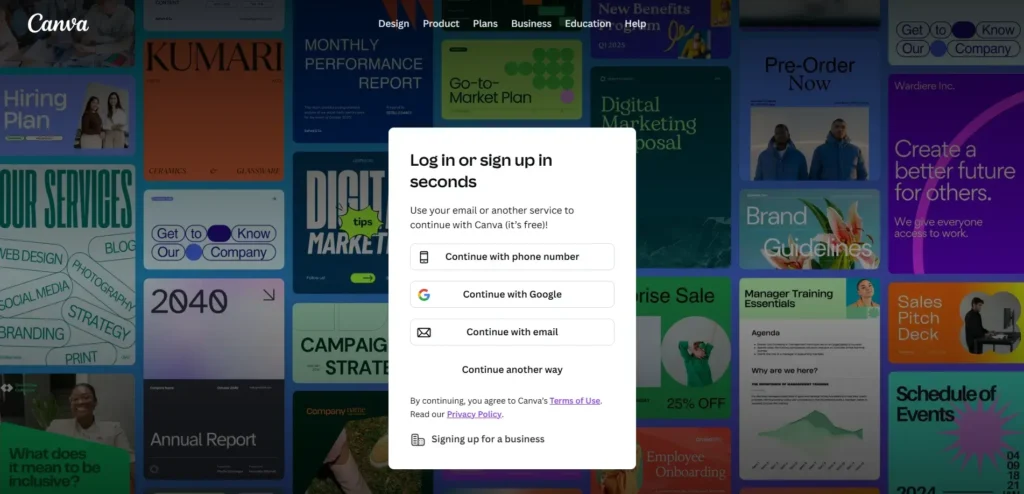 signup interface of canva.com