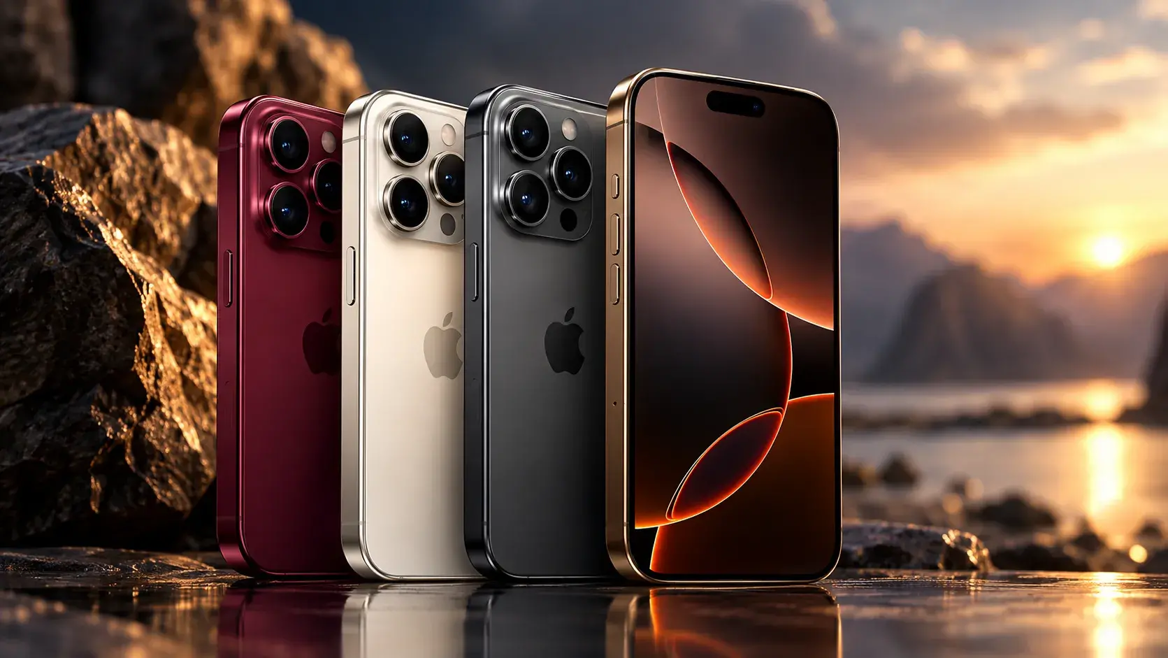 iPhone 18 Pro Premium Smartphone in Multiple Colors with Scenic Sunset Background